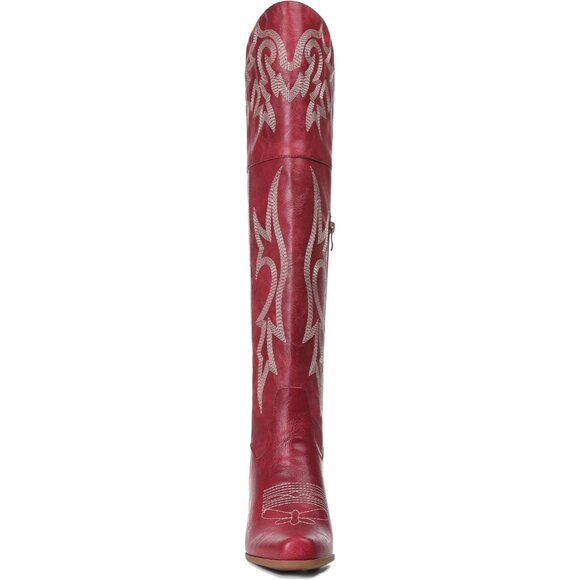 Women Red Pu Polyurethane Embroidered Pointed Toe Chunky Heels Tall Western Boot - Picture 5 of 6